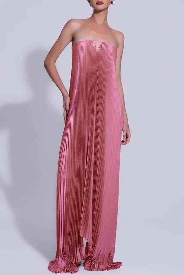Sexy Strapless High Waist Evening Gown For Women Fashion Off Shoulder Pleated Party Dress Elegant Hollow Sleeveless Long Dresses