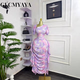 GLCMYAYA Women Tie Dye Printed Skew Neck Ruched Stacked Bodycon Midi Maxi Long Dress 2025 Vacation Holiday Sexy Vestidos Dresses