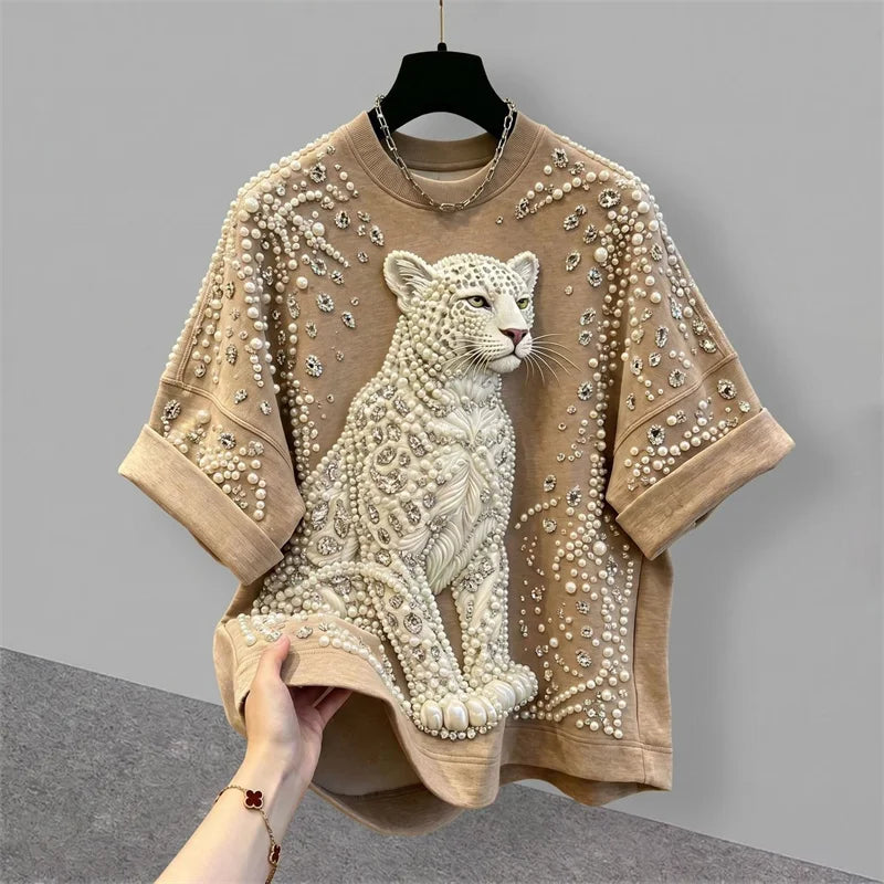 Summer Autumn Fashion Heavy Industry Nail Bead Jellyfish Embroidery T-shirt Women Tshirt Blouse Loose Short Sleeved Top Female