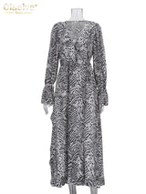 Clacive Fashion Loose Print Women's Dress 2025 Sexy V-Neck Long Sleeve Ankle Length Dresses Elegant Classic Ruffles Female Dress