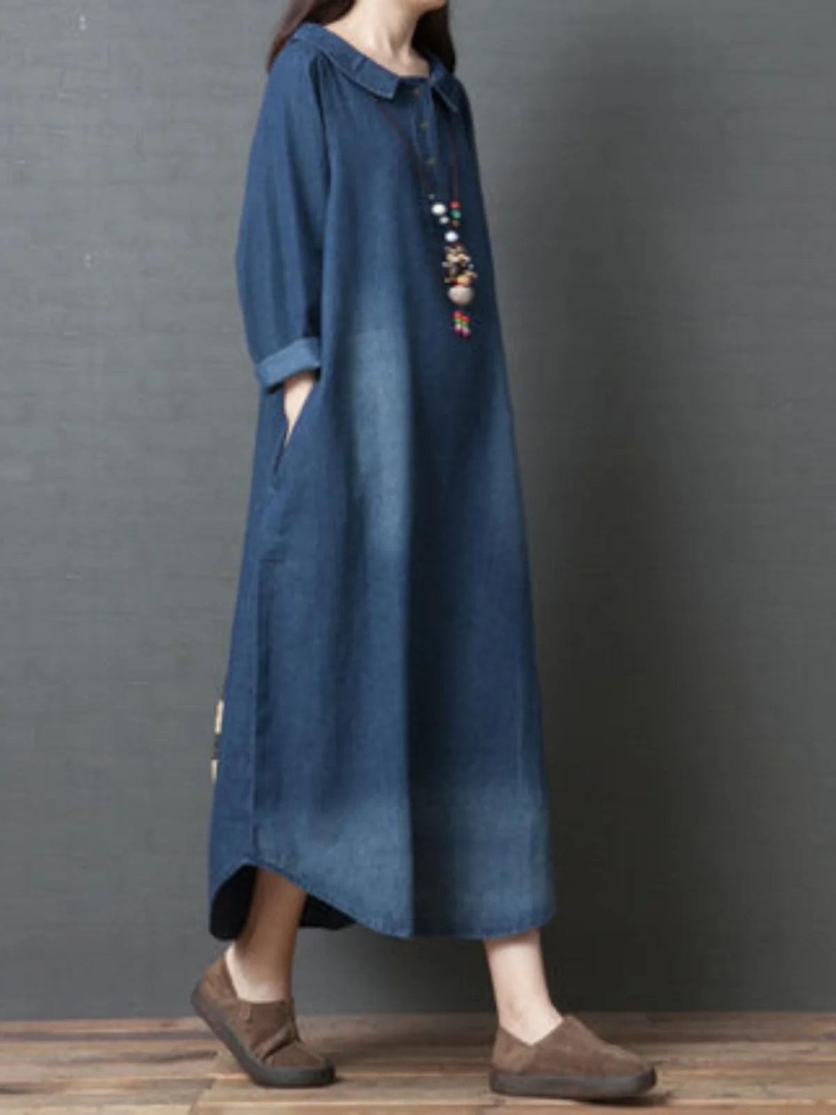 Women's Denim Dr Long Sve Loose Fit irt Sle Autumn Spring Faion plus Size Clothing Meat Concealing Slimming Skirt