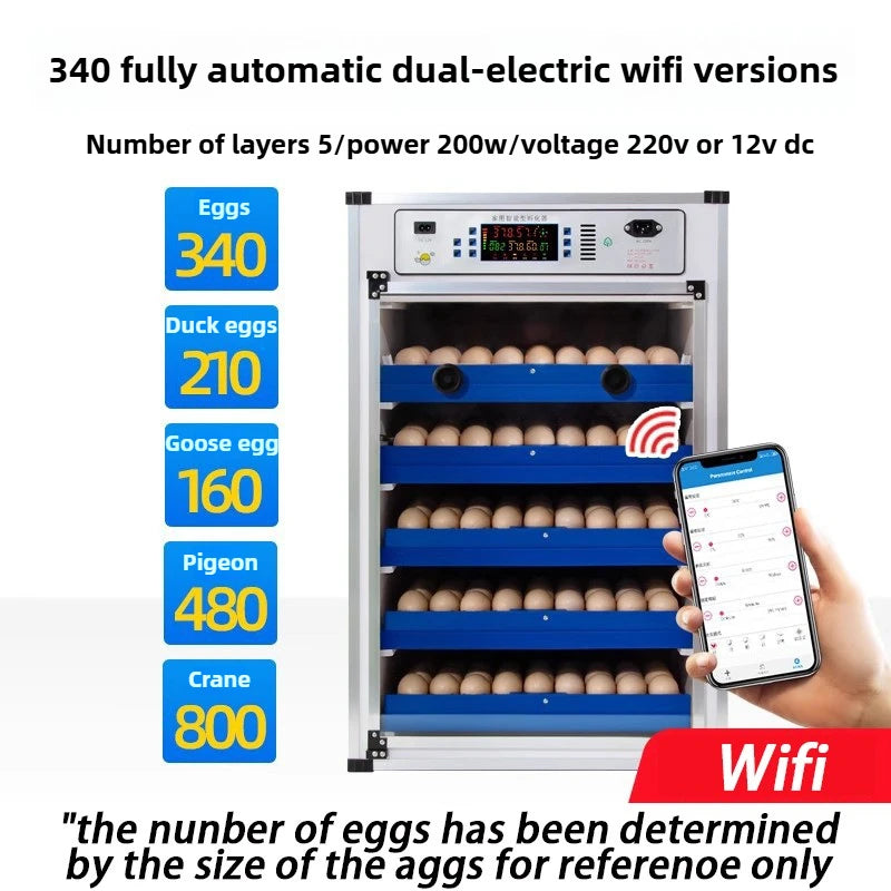 Dual Power 220V/12V  340 Eggs Fully Automatic Incubator Control Temperature Humidity Hatching Machine Eggs Chicken Duck Goose