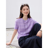 VIMLY Women's Office Short Sleeve T-Shirt 2026 Summer Tee Minimalist Textured Lace Stripe Patch Loose Casual Crew Neck Top A1832