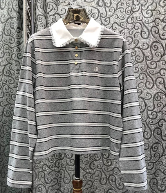 Early Autumn Lace and Polo Striped Embroidered Short Sleeved Casual College Style Top