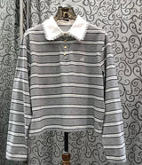Early Autumn Lace and Polo Striped Embroidered Short Sleeved Casual College Style Top