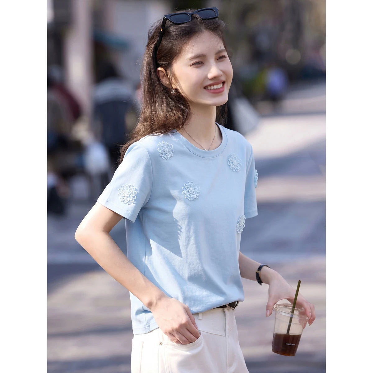 VIMLY Women Summer T-shirt Three Dimensional Flower Blue Round Neck Short Sleeve Tee 2026 New Casual Versatile Top A6663