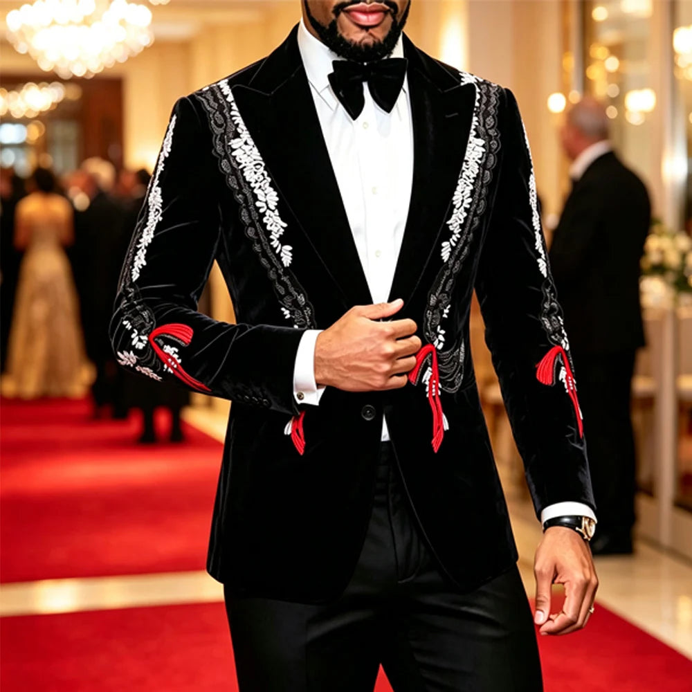 Men Black Velvet Blazer White Floral Embroidery Peak Lapel Red Tassel Slim Fit Jacket Wedding Groom Tuxedo For Party Prom