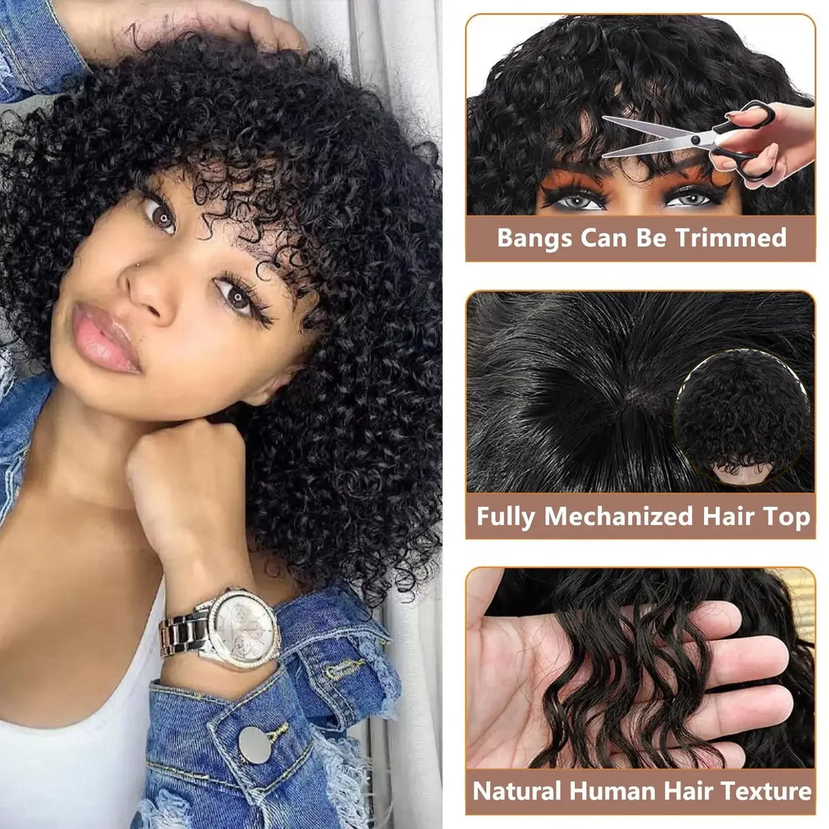 Jerry Curly Wig With Bangs 10A Brazilian Virgin Human Hair Glueless None Lace Front Wig Kinky Curly Human Hair For Black Women