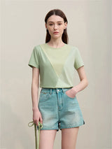 Amii O-Neck Women's T-Shirt 2026 Summer New Stretch Cotton Tee Color Block Versatile Casual Straight Short Sleeve Tops 12622177