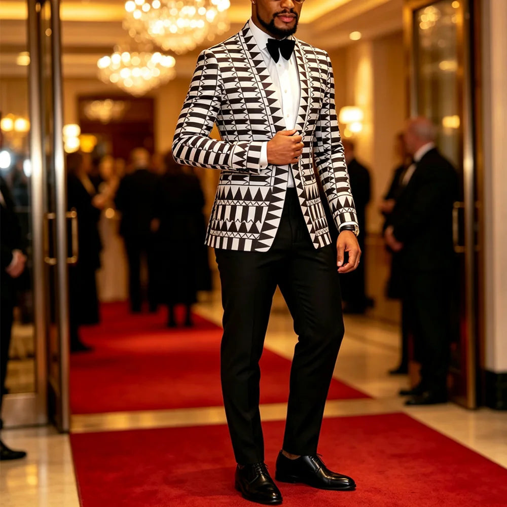 Men Black White Geometric Print Blazer Shawl Lapel Slim Fit Jacket Formal Wedding Groom Tuxedo For Party Prom
