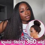 250Density Invisi Strap 360 Full Lace Glueless Wig Invisible Drawstring Frontal Wig 30 Inch Kinky Straight Lace Front Human Hair