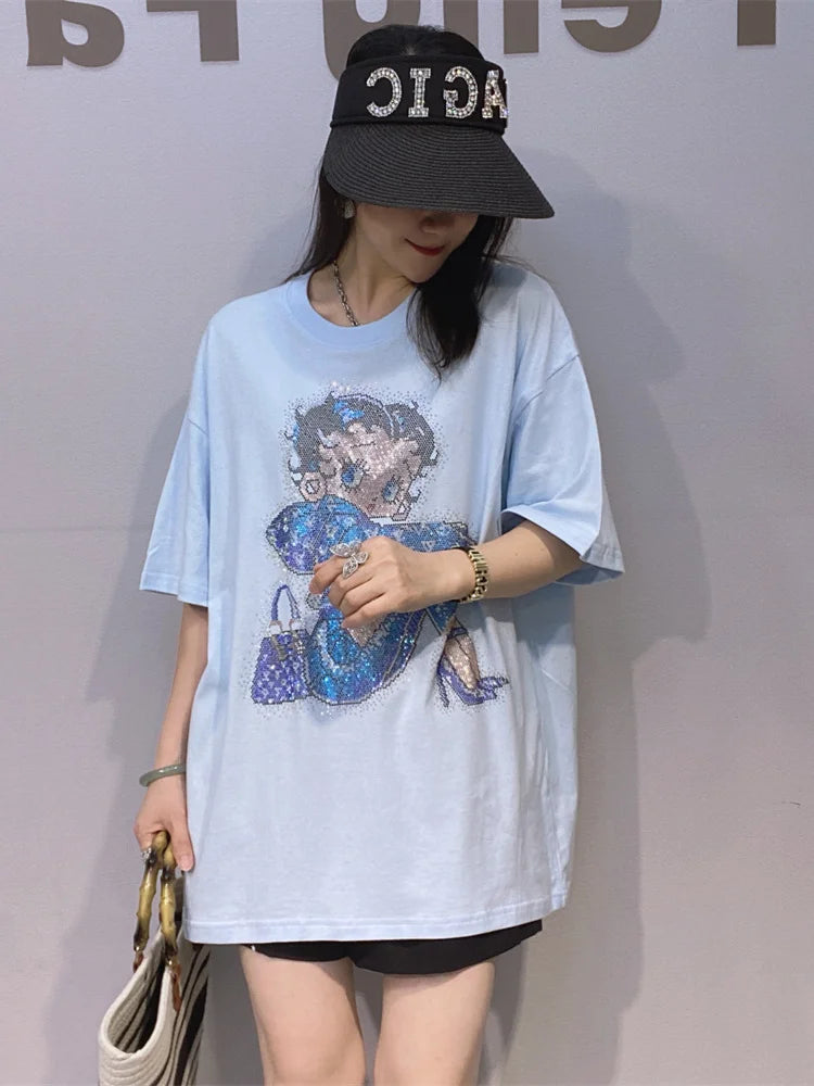 Casual Versatile Short Sleeve T-Shirt Women's Heavy Rhinestone Black Loose Fit Summer Top Breathable Cotton round Neck Sweats...