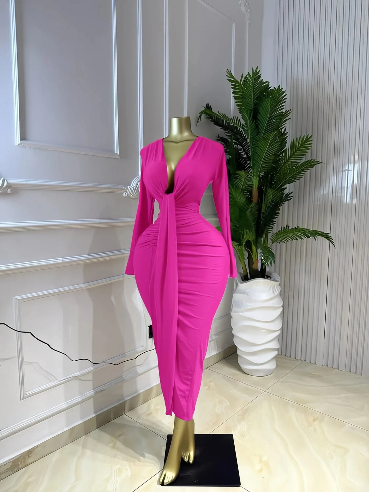 GLCMYAYA Women Long Sleeve Bowknot Deep V-neck Bodycon Midi Maxi Dress 2026 Birthday Holiday Party Trendy Long Dresses Vestidos