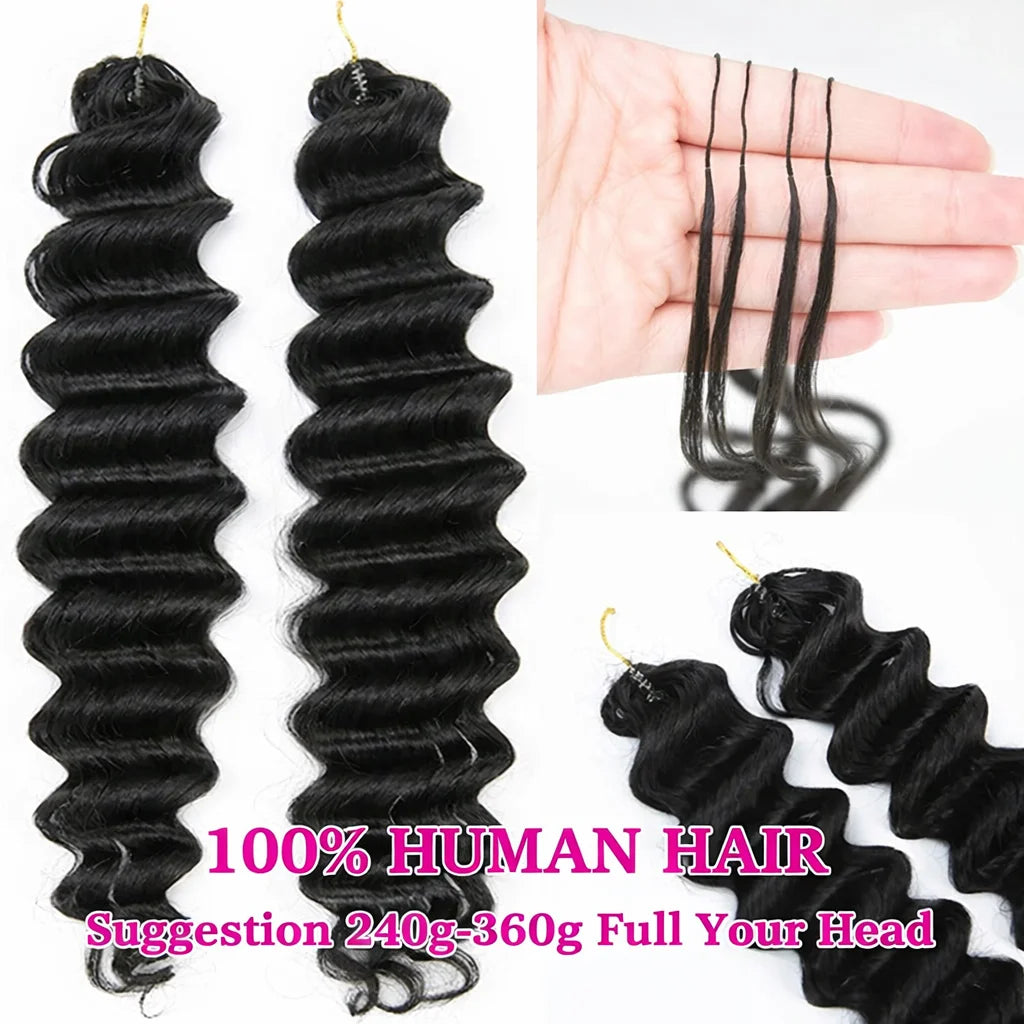 Deep Wave Feather Crochet Human Hair Extensions Knotless Miracle Knots Hair Pre-Separated Pre-Fluffed Deep Curly Human Crochet Hair With String Pre-Looped Reusable Lightweight 60G/pack