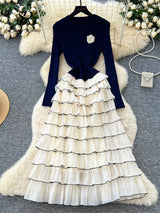 SINGREINY Autumn 3D Floral Spliced Long Dress 2025 Female O Neck Long Sleeves High Quality Slim Luxury Knitted Party Cake Dress