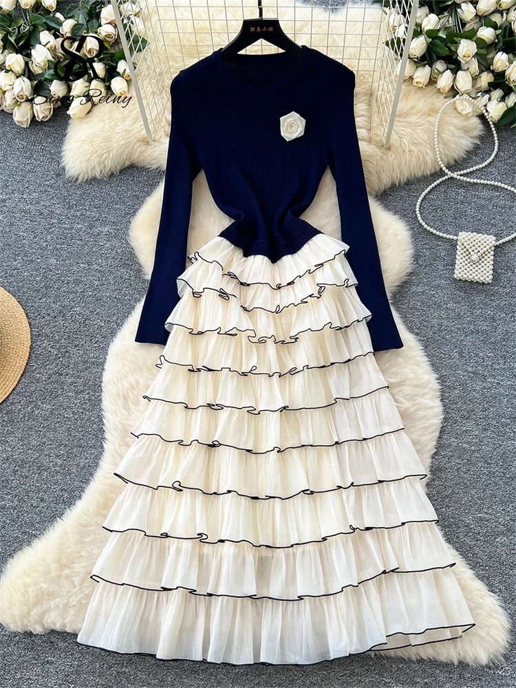 SINGREINY Autumn 3D Floral Spliced Long Dress 2025 Female O Neck Long Sleeves High Quality Slim Luxury Knitted Party Cake Dress