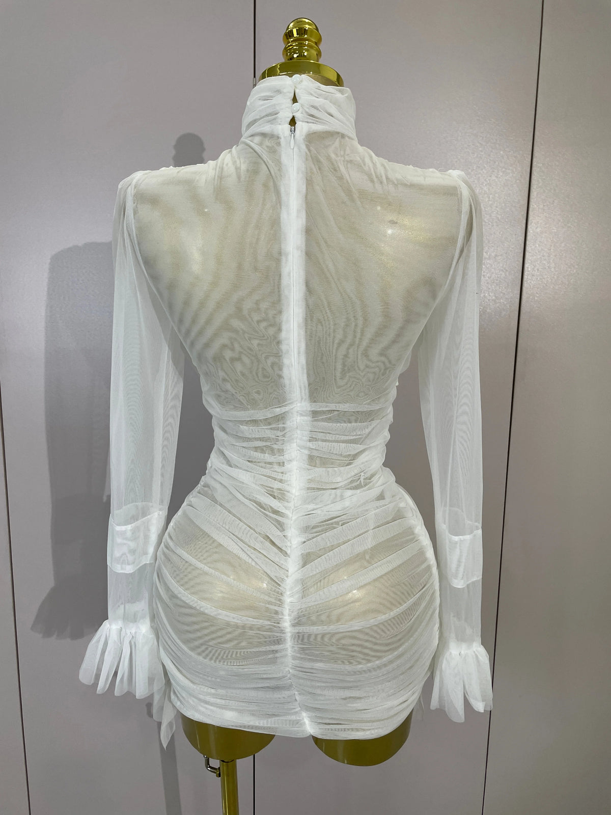 Elegant White High Collar Long Sleeve Solid Mesh Sexy See Through Ruffle Mini Dress Women Evening Club Party Birthday Dresses