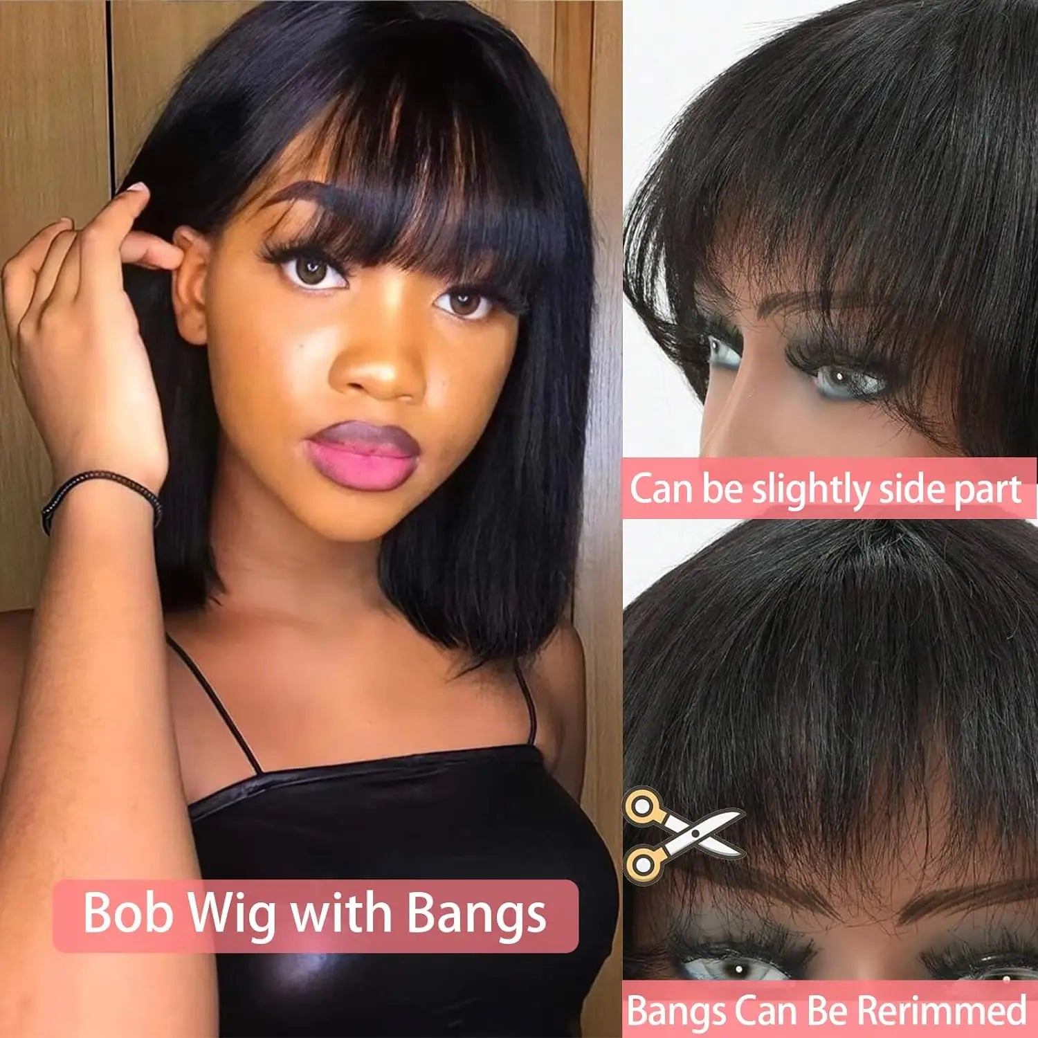 Straight Human Hair Bob Wigs With Bang Full Machine Made Wigs 3x1 Middle
