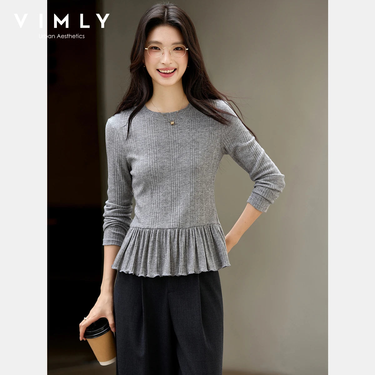 VIMLY Women's Gray Knitted T-shirts Casual Ruffled Hem Long Sleeve Ladies Tops Autumn 2026 Round Neck Slim Fit Female Tees A3092