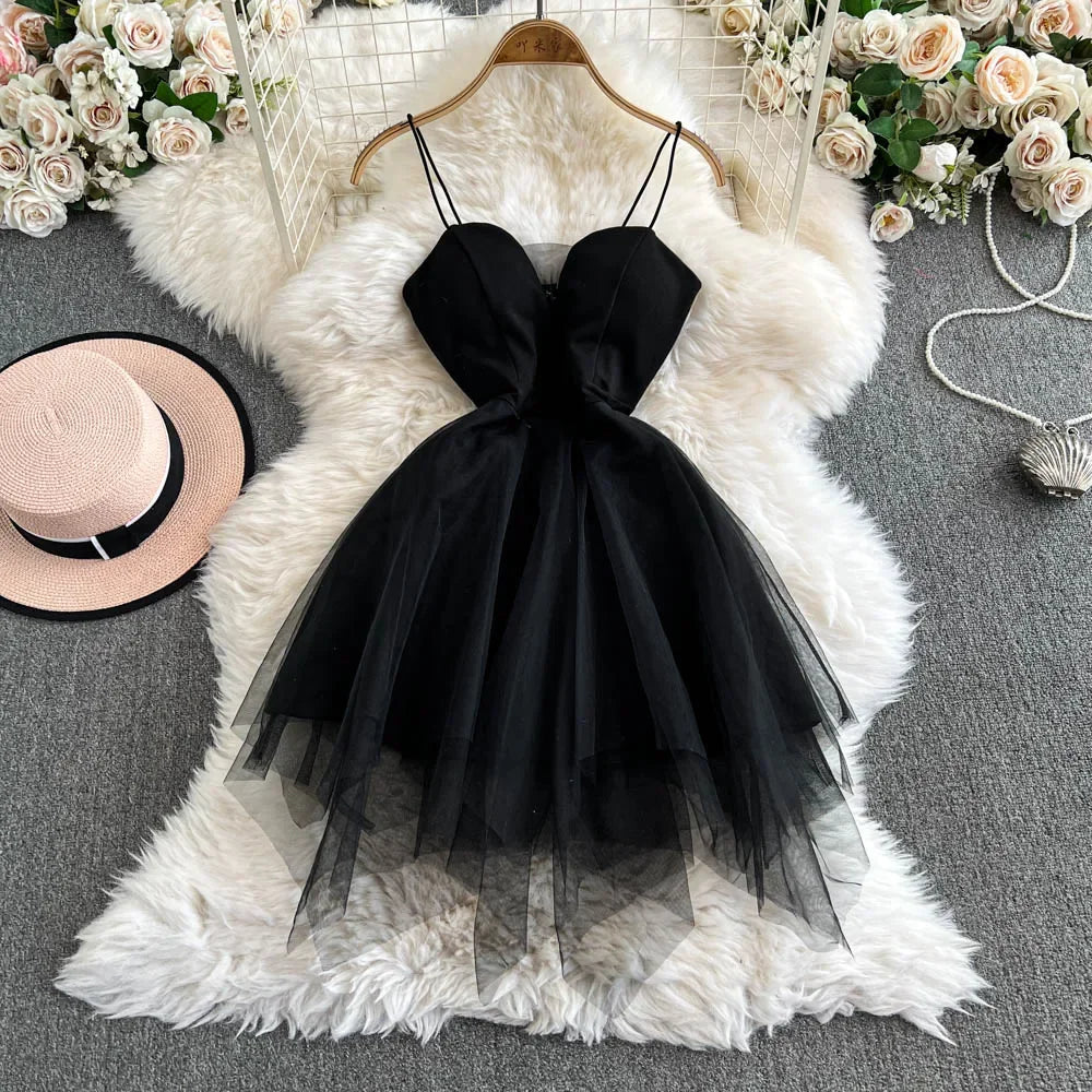 Foamlina White Princess Dress Women's Spring Autumn 2026 New Waist Tight Backless Black Mesh Splicing Tube Top Tutu Dress