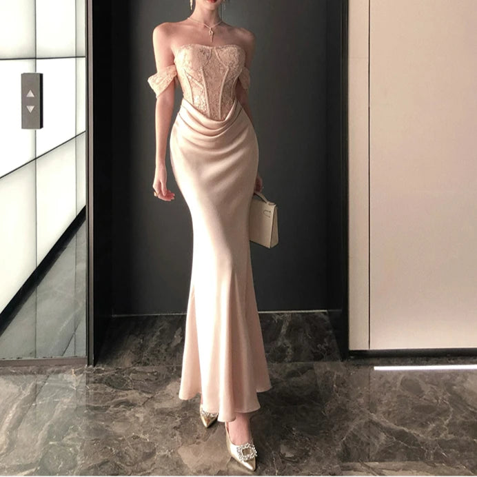 Pink Satin Patchwork Elegant Trumpet Dress Women Off The Shoulder Vintage Clothing Lady Birthday Party Chic Vestidos Bodycon