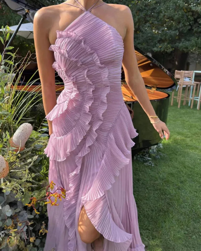 QMQA Fashion Women's Ruched Halter Strapless Backless Dresses Folds Irregular Spliced Ruffles Solid Elegant Dress 2026 New M1032