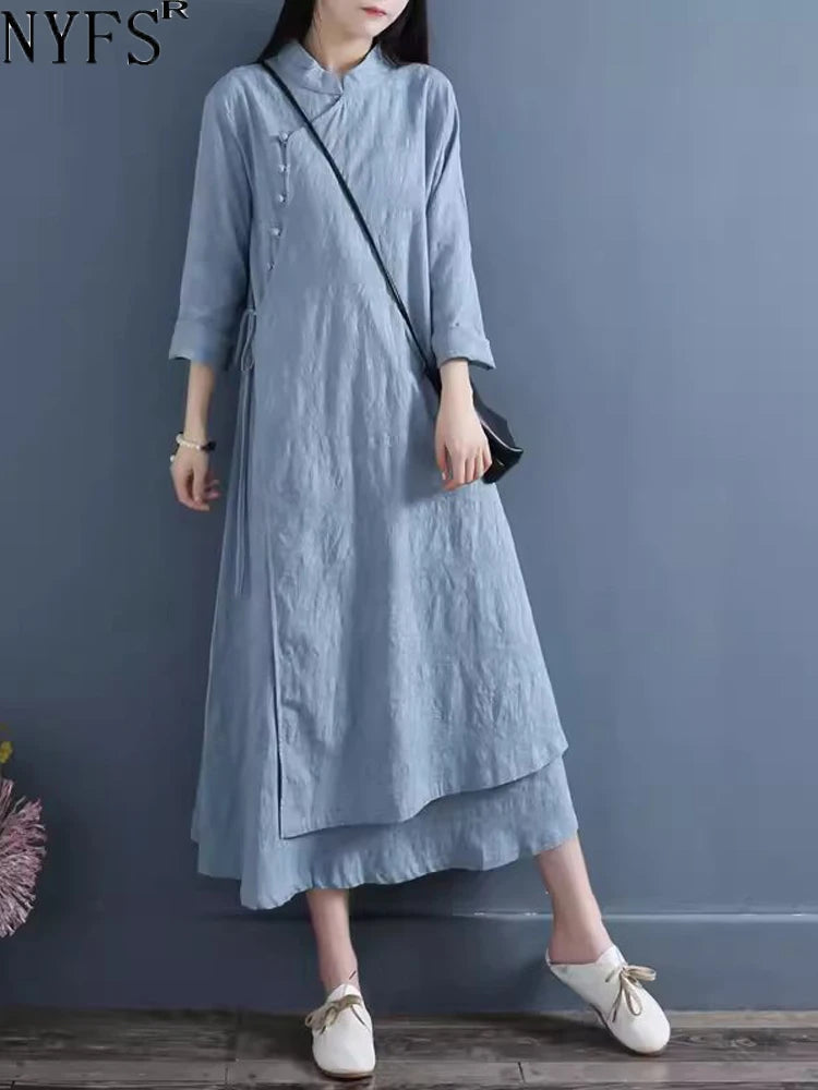 NYFS 2026 Spring Autumn New Womens Dresses Vestidos Robe Elbise Loose Plus Size Cotton Linen Double Layer Long Dress