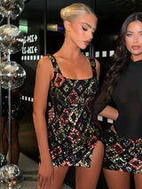 Mozision Multicolour Pattern Sequins Sexy Mini Dress Women Fashion Square Collar Sleeveless Backless Sparkle Club Party Dresses