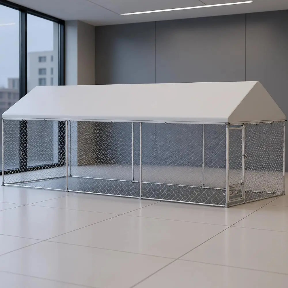 Large Outdoor Dog Kennel 20x7.5x7.5 ft, Heavy Duty, Waterproof, Adjustable Bowl Rack, Secure Lock, Galvanized Steel Enclosure fo