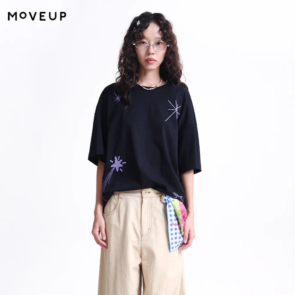 MOVEUP Short-Sleeve Crew Neck T-Shirt 2026 Spring New Firework Beading Woven Label Tees Casual Loose Top for Women 3ELC10536