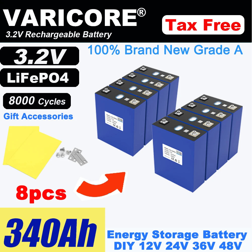Grade A 3.2V 360AH 340Ah Battery LiFePO4 Lithium Iron Phospha for 12V 24V 4S E-scooter RV Solar Energy Storage System Duty-free