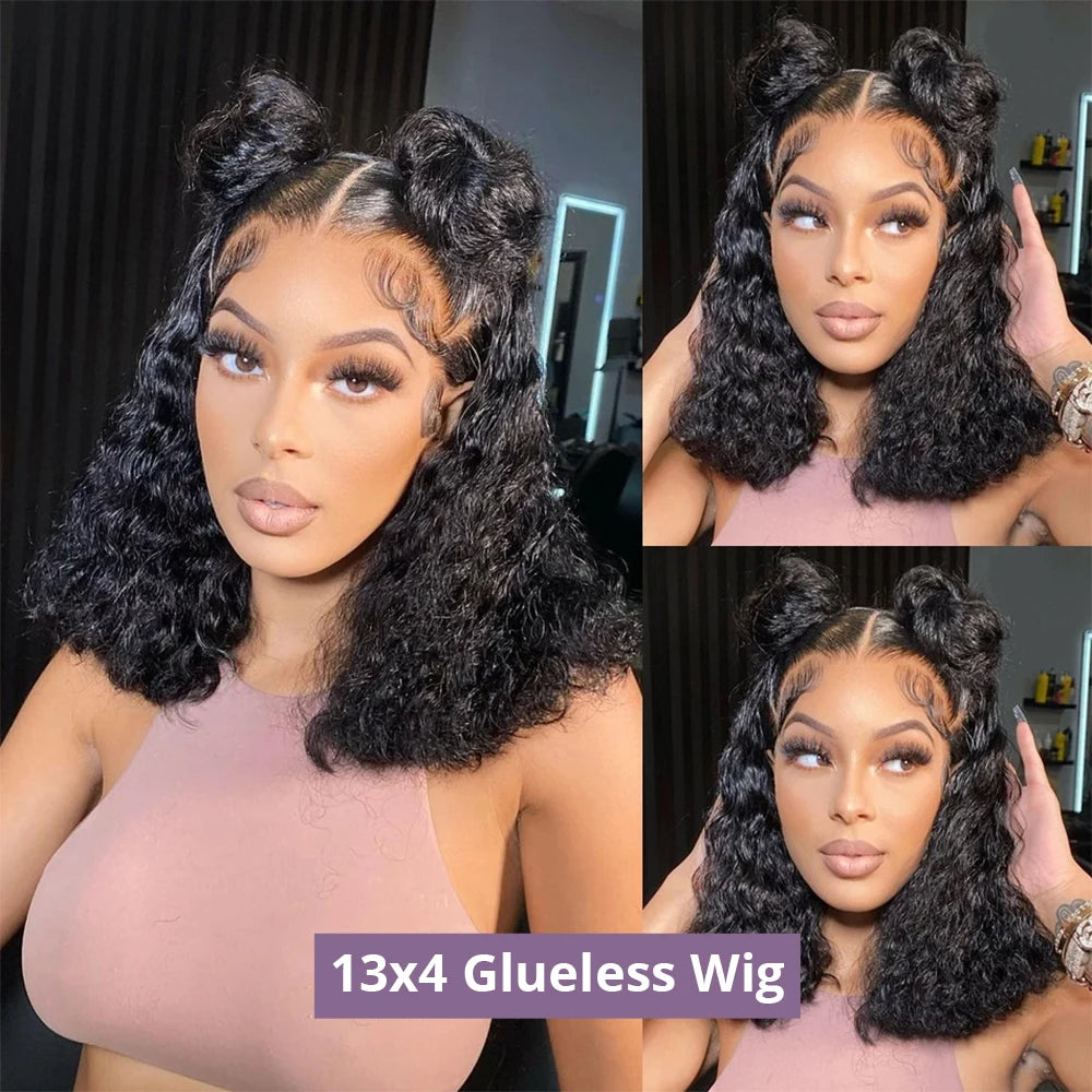 Pre Cut No Glue Water Wave 13x6 Bob Wigs Curly 7x5 Glueless Wig Human