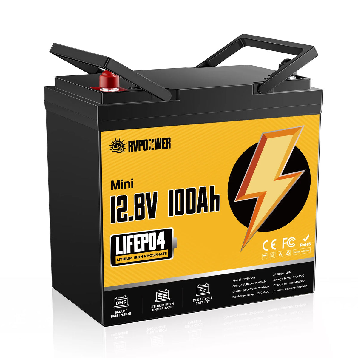 RVPOZWER 1/2PACK Mini LiFePO4 Lithium Iron Phosphate Battery, Built‑in 100A BMS Protection,Deep‑Cycle,Long‑Lifespan,Compact & Portable Energy Storage Battery for RV,Boat,Yacht,Travel Trailer,Camper Van,Home Emergency Backup Power,12.8V 100Ah
