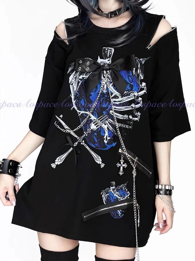 Original Dark Subculture Punk Style Off-Shoulder Short Sleeve Round Neck Printed Chain Bow Loose Casual T-Shirt Top Women Summer