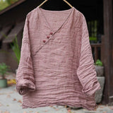 Johnature Women Vintage T-Shirts Striped Tees 2026 Spring New Chinese Style V-Neck Long Sleeve Button Loose Female T-Shirts