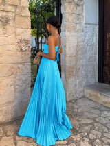 Blue Pleated Halter Long Dress Women's Solid Sleeveless Backless Lace-up Maxi Dress Summer Beach Vacation Evening Party Vestidos