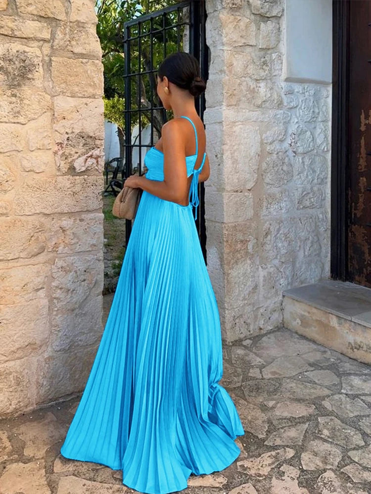 Blue Pleated Halter Long Dress Women's Solid Sleeveless Backless Lace-up Maxi Dress Summer Beach Vacation Evening Party Vestidos