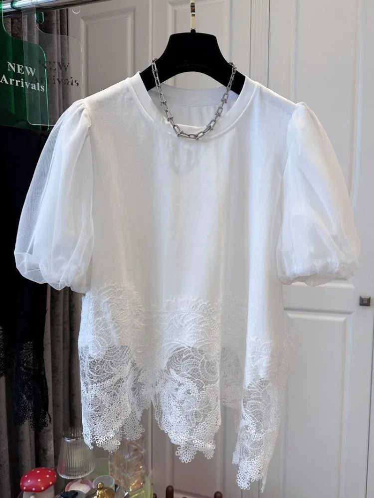 White Woman T Shirts Fashion Irregular Tees Oversized Tops O-neck Short Sleeve Patchwork Lace T-shirt Summer Korean Camisetas
