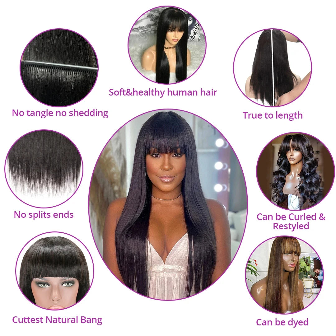 3x1 Middle Part Lace Wig Bone Straight Human Hair Wig With Bangs Cheap Wigs Full Machine Made Fringe Glueless Wigs for Women