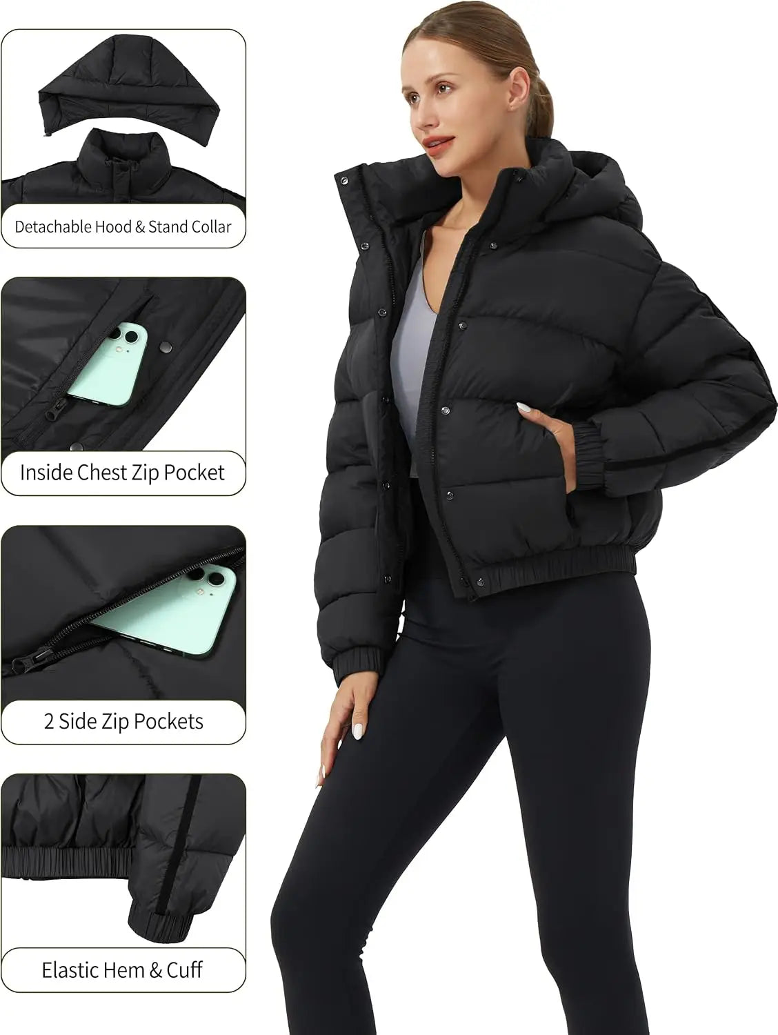 Pioneer Camp Women's Winter Cropped Puffer Jacket with Hood Waterproof Short Warm Quilted Jacket Puffy Bubble Coat Outerwear