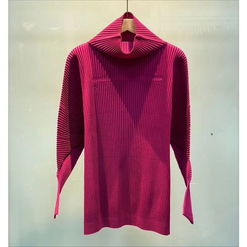 Miyake Casual Stand-up Collar Pullover Sweater Autumn and Winter New Solid Color Loose Pleated Long-sleeved Jacket Women