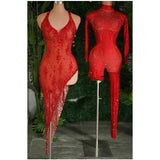Personality Celebrity Evening Show Wear Party Gowns Sparkly Diamonds See Through Mesh Stretch Asymmetrical Dress
