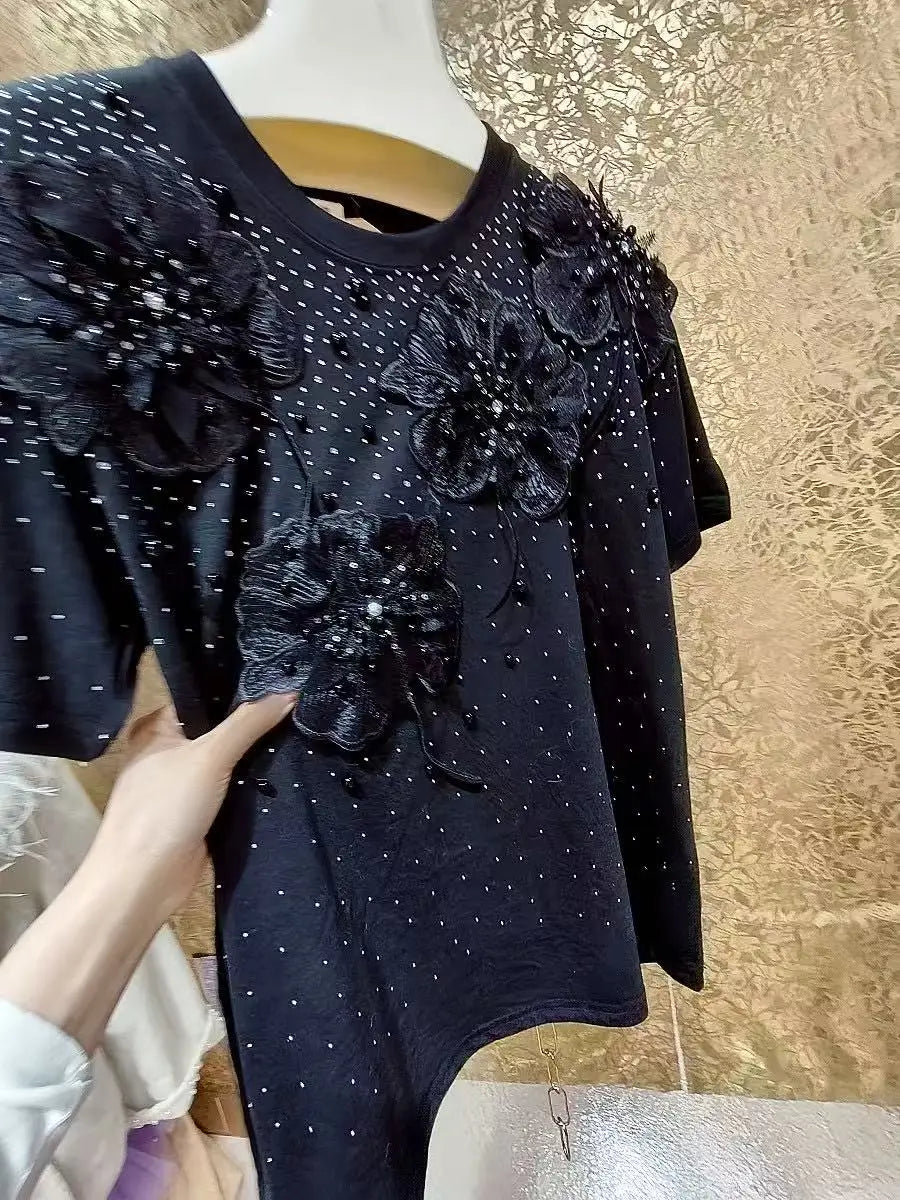 Luxury Beading Flowers Sequined Cotton T-shirt for Women New Trend 2025 Summer O Neck Short Sleeve Black Tops Tees T Shirt Femme