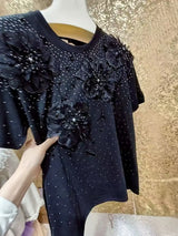 Luxury Beading Flowers Sequined Cotton T-shirt for Women New Trend 2025 Summer O Neck Short Sleeve Black Tops Tees T Shirt Femme