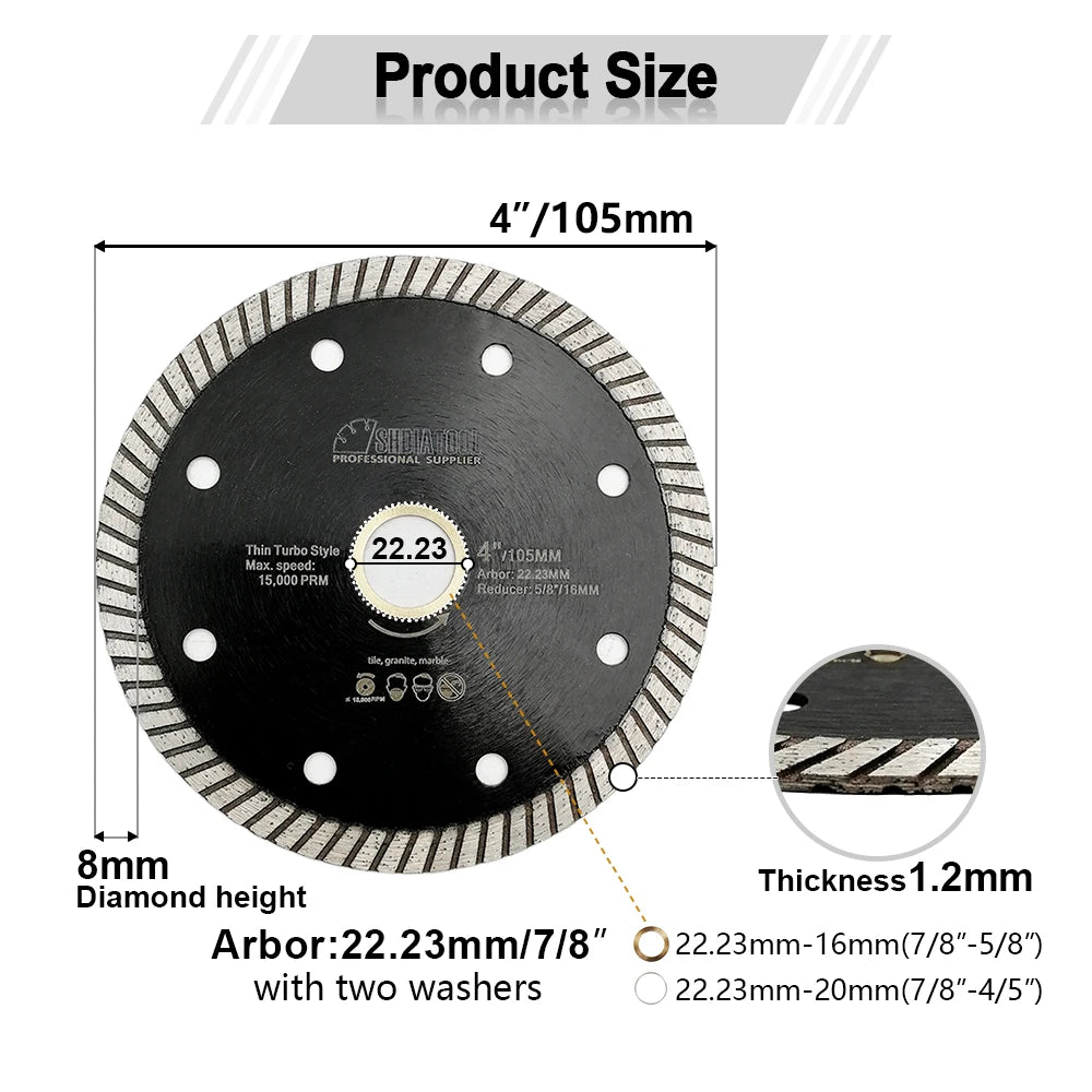 SHDIATOOL 10pcs Super-Thin Diamond Turbo Blades Cutting Ceramic Tile Granite Disc Saw Blade Cutter Marble Diameter 4" 4.5" 5"