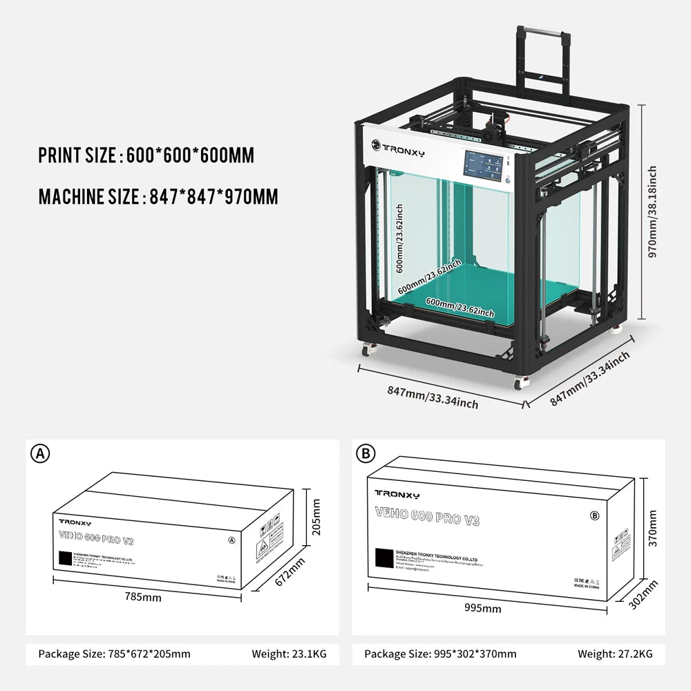 VEHO 600 PRO-V3 3D Printer Huge Printing Size 600*600*600mm Auto leveling CoreXY Structure Direct Extruder 3d Printer Kits