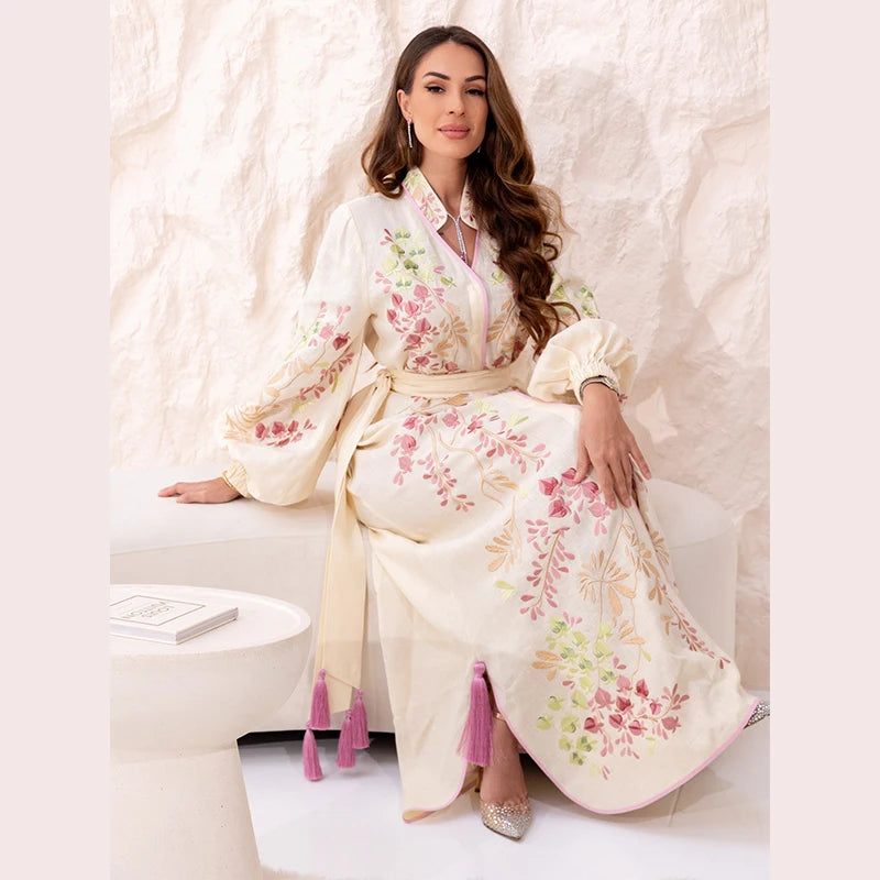 Retro Floral Print Women's Long Dress With Tassel Belt Stand Collar Long Sleeve Muslim Kaftan Dresses 2026 Spring New Lady Robes