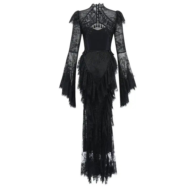 IEQJ Summer Stand Collar Lace Tassel Hollow Out Flare Sleeve Dress Women Boned Waist Tiered Mermaid Dresses New 3A2709