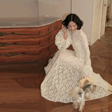 Elegant French Lace Maxi Dress Modest Vintage Trendy Women's Dresses Evening Party Wedding Guest Formal Street Soft Wear