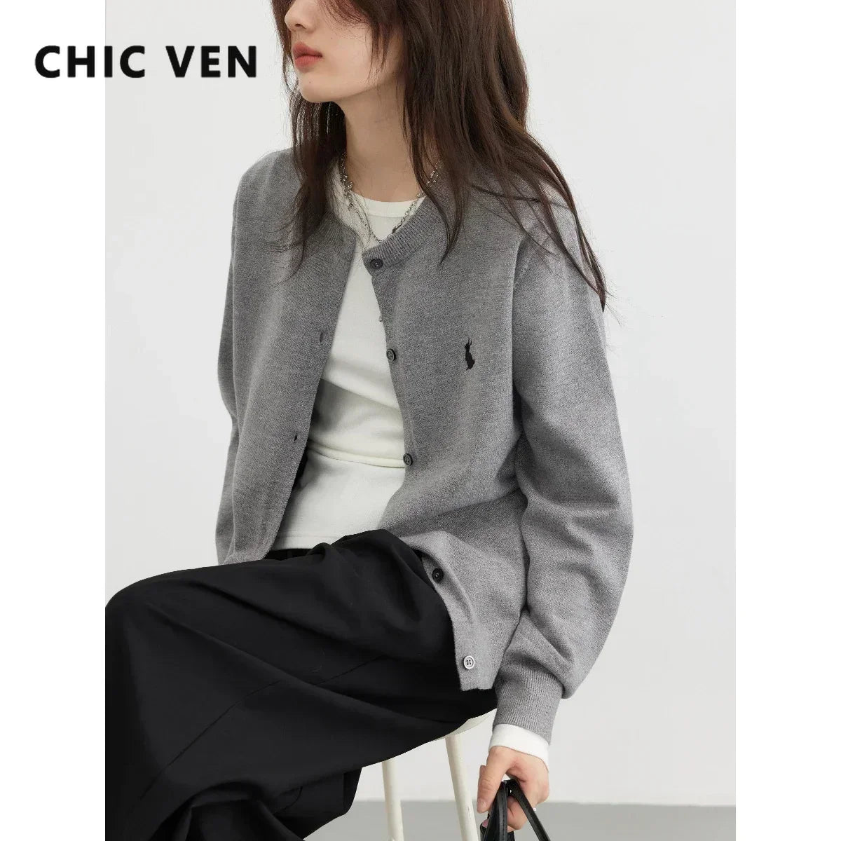 CHIC VEN Women T-Shirts New Multi Color Option Simple Solid Rabbit Embroidery Knitted Cardigan Sweater Autumn Spring 2025